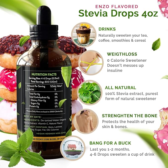 Rose Glazed Donut (4oz) Liquid Stevia Drops Bottle Our Zero Calories Sweetener (800 Servings) All Natural Hazelnut flavoring with No Artificial Additives & Filler Ingredient