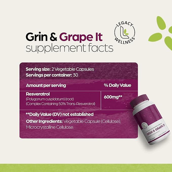 Legacy Wellness GRIN & Grape IT Resveratrol Supplement - Supports Healthy Aging, Skin, Immune, Digestive & Cardiovascular Systems, Brain, Joint Health - 600mg Trans-resveratrol Grape Extract Capsules