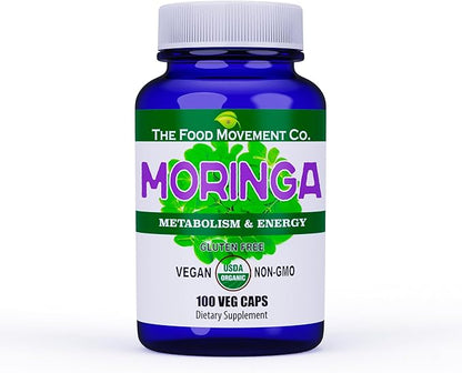 Moringa - Certified Organic Superfood, Whole Body Wellness, Natural Energy Support, Supports Healthy Metabolism - 100 Vegan Capsules