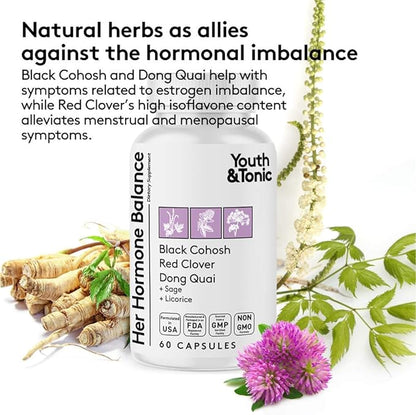 Youth & Tonic Menopause & PMS Support for Women Through Balanced Estrogen Metabolism – 90 Pills with DIM Black Cohosh Red Clover Dong Quai Soy Isoflavones