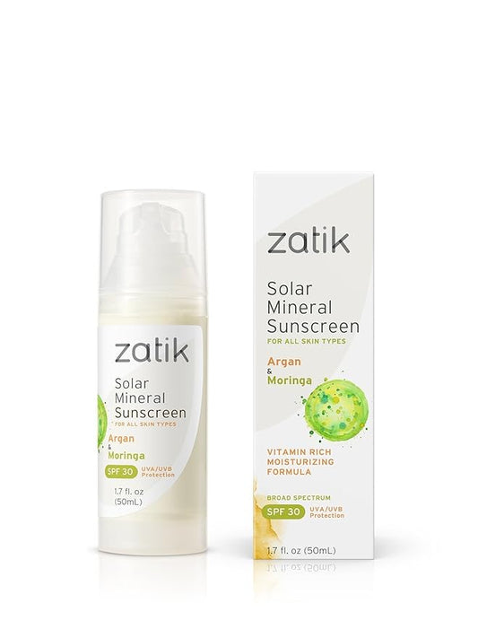 Zatik Naturals - Argan and Moringa Solar Mineral Sunscreen Vitamin and Mineral-Based Solar Protection, (1.7 fl oz,50 ml) Vegan Non-GMO Free from Gluten Soy Alcohol pH Balanced