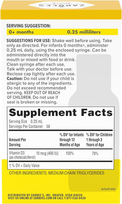 Zarbee's Vitamin D Drops for Infants, 400IU (10mcg) Baby & Toddler Liquid Supplement, Newborn & Up, Dropper Syringe Included, Pack of 2 0.47 Fl Oz Bottles