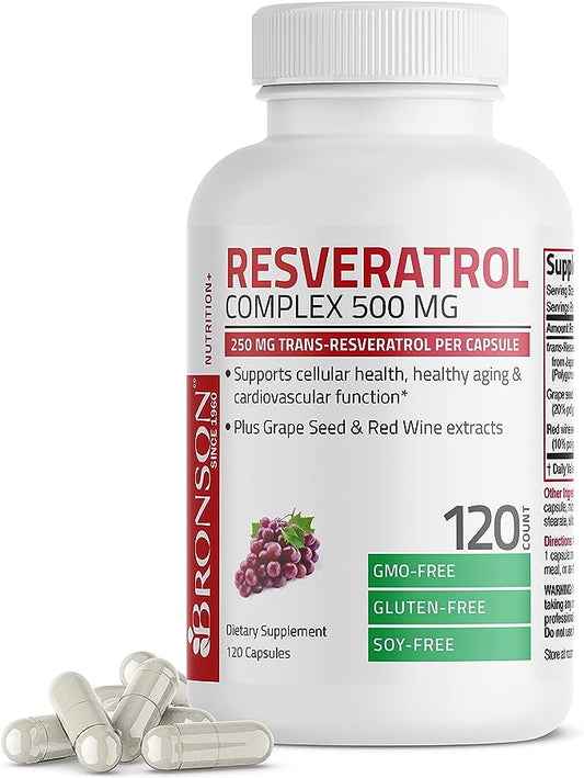 Bronson Resveratrol 500 Complex Standardized Trans-Resveratrol + Grape Seed & Red Wine Extract, 120 Capsules