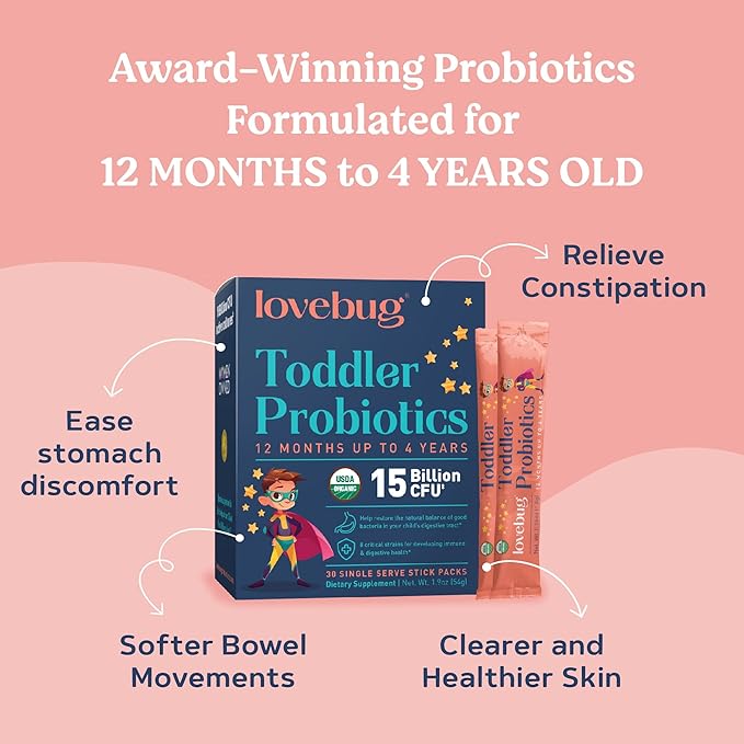 Lovebug Award Winning Probiotics | Constipation & Stomach Discomfort | Softer Bowel Movements | Easy-to-Take Powder | Ages 12 Months to 4 Years | 60 Packets