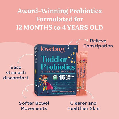 Lovebug Award Winning Probiotics | Constipation & Stomach Discomfort | Softer Bowel Movements | Easy-to-Take Powder | Ages 12 Months to 4 Years | 60 Packets