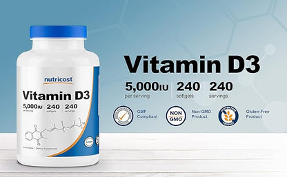 Nutricost Vitamin D3 5,000 IU, 240 Soft Gel Caps (2 Bottles)