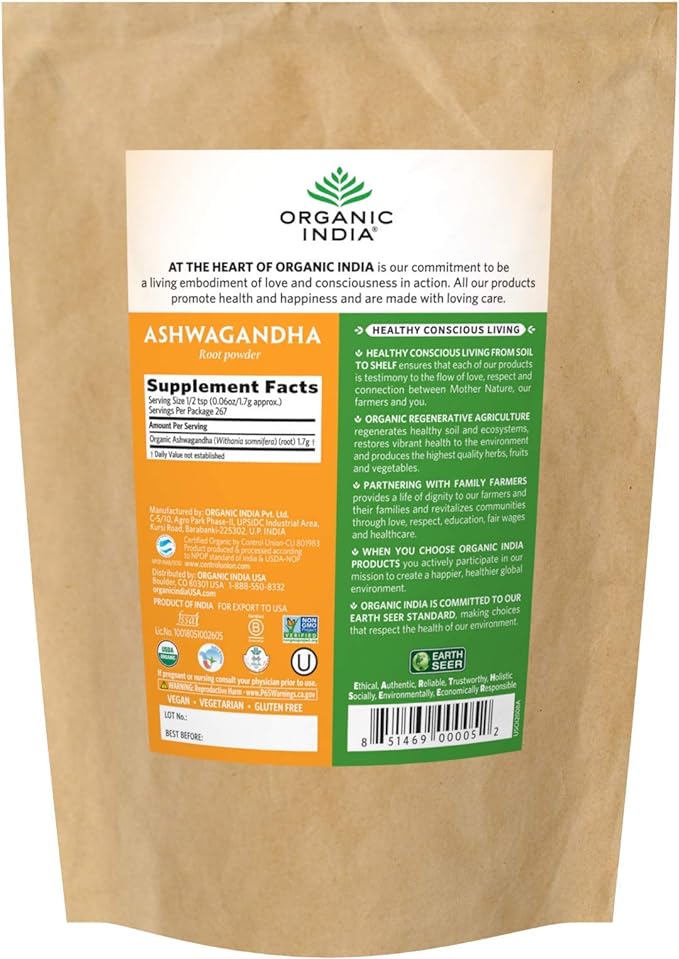 ORGANIC INDIA Ashwagandha Powder Organic - Ashwagandha Root Powder Bulk, Herbal Supplement - Vegan, Gluten-Free, Kosher, Non-GMO, Supports Stress Relief, Energy, and Sleep - 1lb Bag