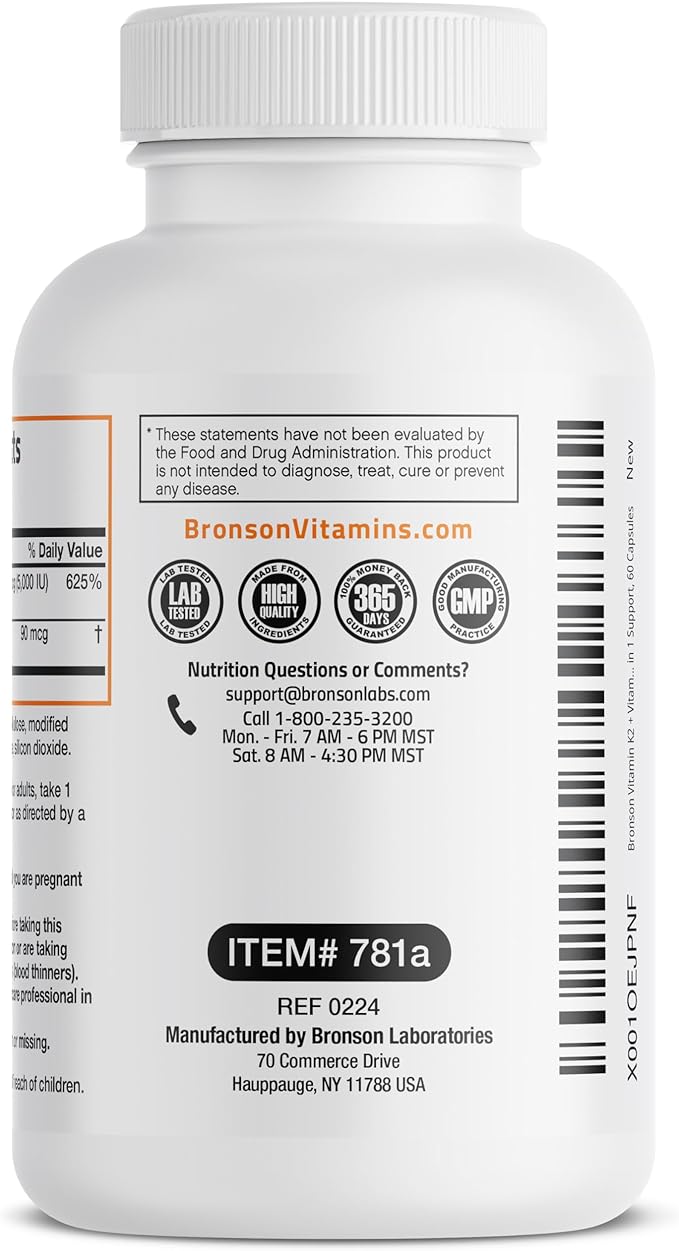 Bronson Vitamin K2 (MK7) with D3 Supplement Non-GMO Formula 5000 IU Vitamin D3 & 90 mcg Vitamin K2 MK-7 Easy to Swallow Vitamin D & K Complex, 60 Capsules