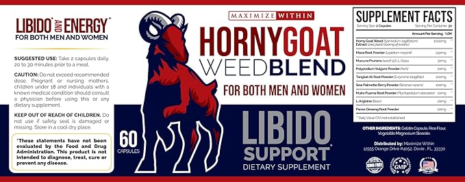 Horny Goat Weed Blend with Maca & Tribulus Terrestris Extract, Naturally Supports Libido and Energy for Men & Women, 1000mg Epimedium with Icariins, Veggie Capsules