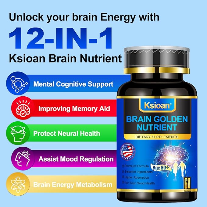 Brain Supplement for Old Memory and Focus Strength DHA PhosphatidylSerine Bacopa Ashwagandha Turmeric Lutein Folic Acid Vitamins B6, B12, for Mental Clarity, Cognitive Enhancement 60 Capsules