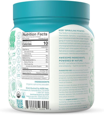 KOS Organic Spirulina Powder - USDA Certified Organic, 109 Servings of Superfood Powder for Smoothies & Juices, Non-Irradiated Blue Green Algae, Plant Based with Antioxidants, Vegan (13.5oz)