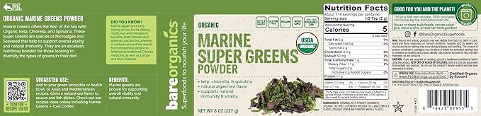 BareOrganics Marine Super Greens Powder | USDA Organic, Gluten-Free, Vegan, Non-GMO, BPA-Free | Kelp, Chlorella, Spirulina, 8oz