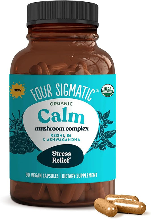 Four Sigmatic Calm Capsules | Vegan Stress Relief Supplement to Promote Positive Mood with Organic Ashwagandha Powder, Organic Reishi Mushroom, Tulsi (Holy Basil Extract), Vitamin B6 | 30 Servings