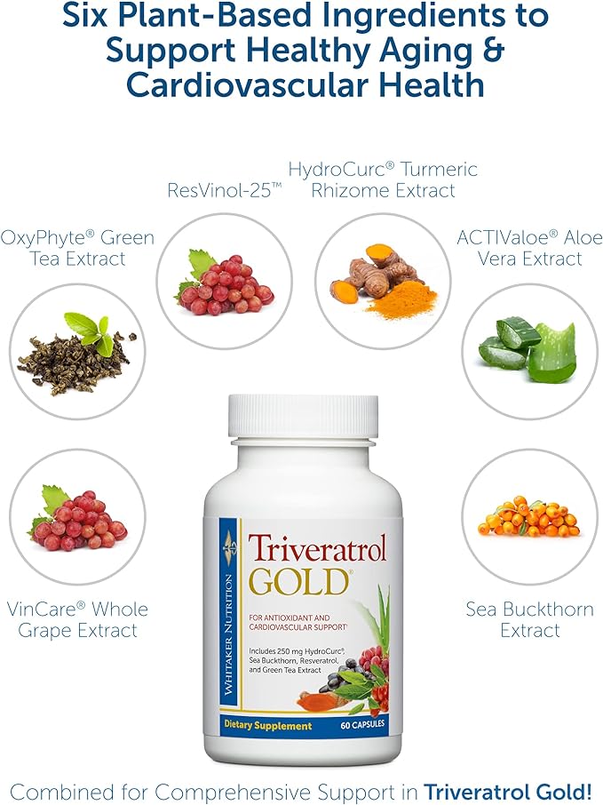 Dr. Whitaker's Triveratrol Gold – Healthy Aging Supplement with Resveratrol & Extracts of Aloe Vera, Green Tea, and Turmeric – Provides Antioxidant & Cardiovascular Support (60 Capsules)