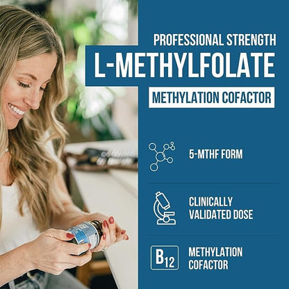 L Methyl Folate 15mg plus Methyl B12 Cofactor - Professional Strength, Active 5-MTHF Form - Supports Mood, Methylation, Cognition – Bioactive forms of Vitamin B9 & B12 (60 Capsules)