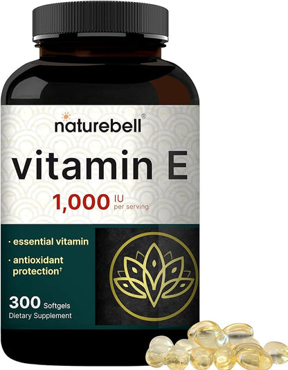 NatureBell Vitamin E Oil Softgels, 1,000 IU Per Serving, 300 Pills | Essential Antioxidant Supplements, Easily Absorbed Form – Supports Skin, Heart, & Immune Health – Non-GMO