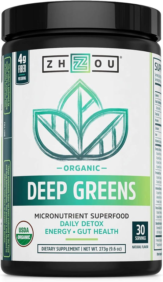 Zhou Deep Greens | Organic | Morning Complete Prebiotic Probiotic Powder | Green Blend of Wheatgrass, Spirulina, and Maca Powder | 9.6 oz, 30 Servings