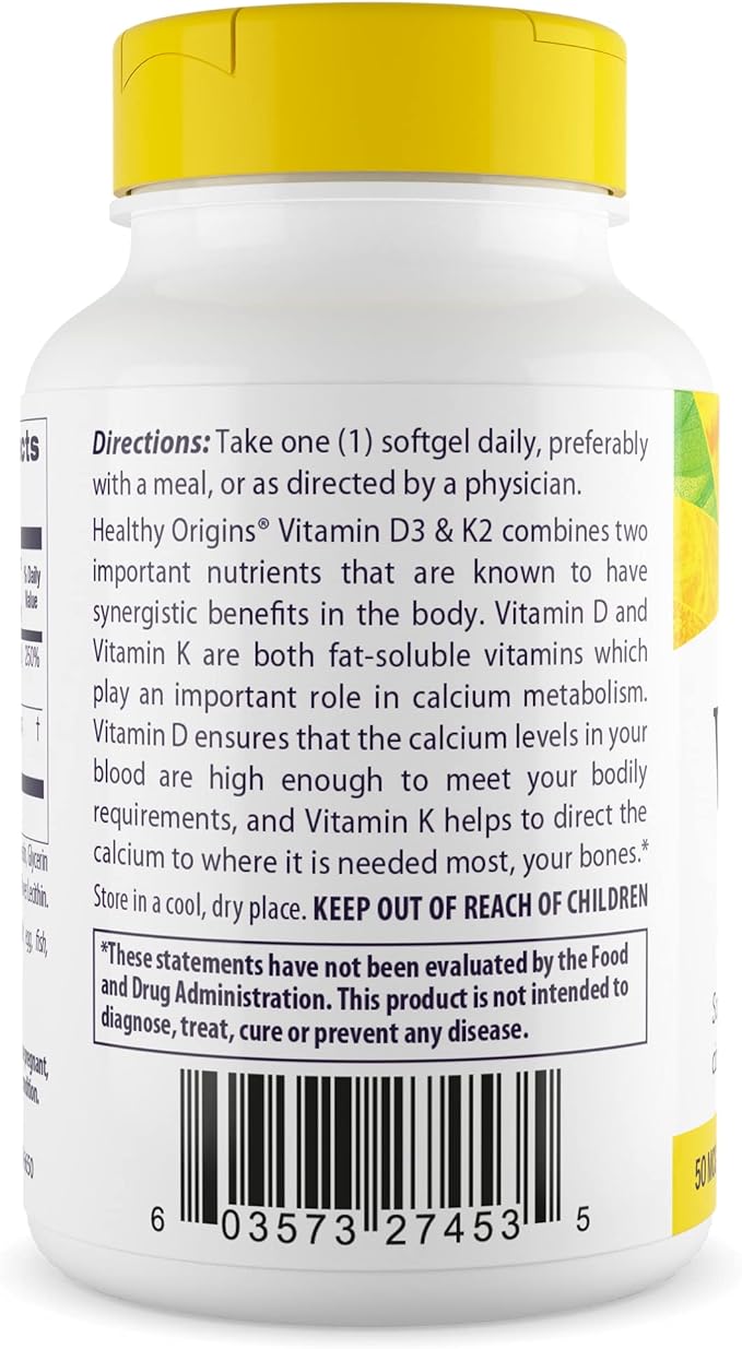 Healthy Origins Vitamin D3 & K2 - Vitamin D3, 50 mcg - Vitamin K2, 200 mcg - Easily Absorbable Vitamin D & Vitamin K Supplements - Non-GMO & Gluten-Free Supplements - 180 Softgels