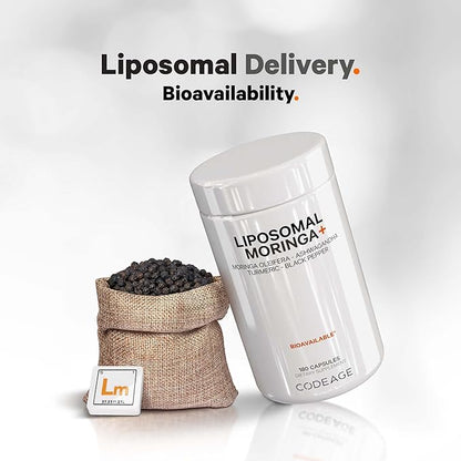 Codeage Liposomal Moringa+ Supplement, 400mg Moringa 50:1 Extract (20,000mg Moringa Oleifera Leaf Equivalent), Turmeric, Ashwagandha, Black Pepper, 3-Month Supply, Vegan Moringa Powder - 180 Capsules