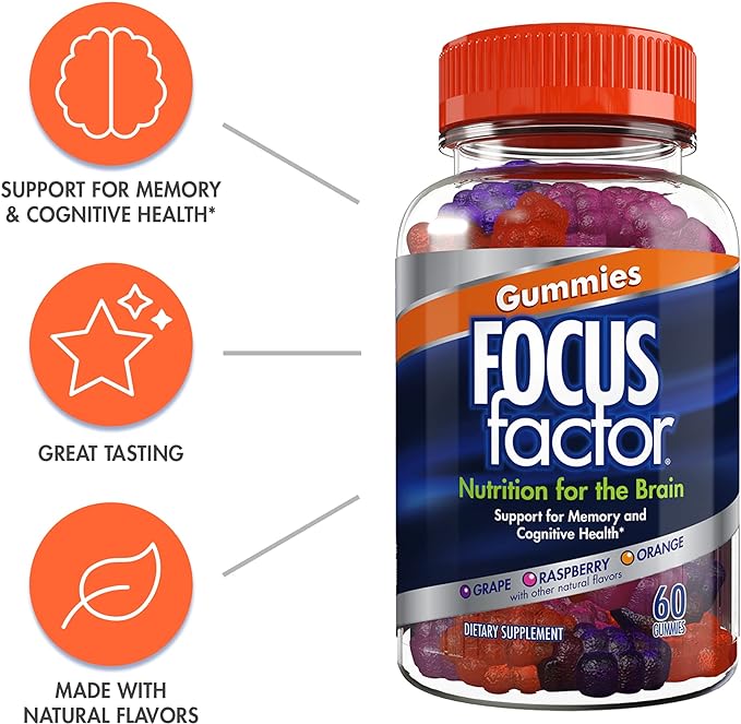 Focus Factor Nootropic Gummies - Memory Supplement for Brain, Phosphatidylserine, Bacopa, Huperzine A - 60 Count (3 Pack)