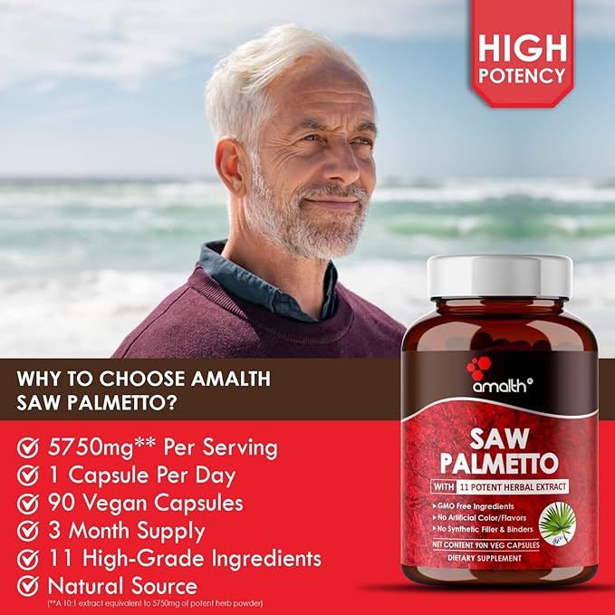 Premium Saw Palmetto Capsule-5750 mg Extra Strength Formulated with Ashwagandha, Tribulus, Ginger, Maca, Holy Basil and More Natural Prostate Support, 90 Capsule