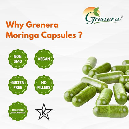 Grenera Moringa Capsules 120 nos, 100% Pure Single Origin Moringa Oleifera Leaf Powder, Malunggay Pills Supplement for Energy, Metabolism, & Immune Support