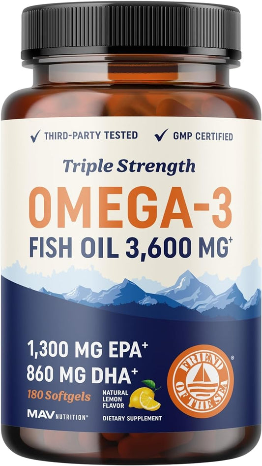 Triple Strength Omega 3 Fish Oil 3600 mg | EPA & DHA | Over 2100mg of Omega-3 Fatty Acids | Over 1300mg EPA + 860mg DHA | Best Essential Fatty Acids | Premium Burpless Softgel Supplements (180 Ct)