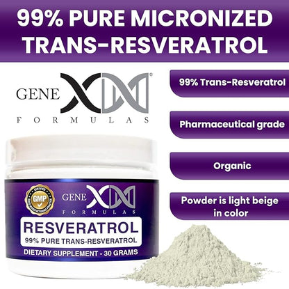 GENEX Trans Resveratrol 1000mg Serving 99% Pure Micronized Pharmaceutical Grade Trans-Resveratrol Powder 30 Servings or 30Grams 1Gram Per Day 30-Day Supply Made in a GMP & NSF Certified Facility