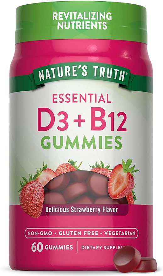 Nature's Truth Vitamin D3 and B12 Gummies | 60 Count | Strawberry Flavor | Vegetarian, Non-GMO & Gluten Free Supplement