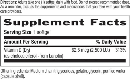 Country Life Vitamin D3, Non-Fish 2500 IU, 200 Softgels, Certified Gluten Free