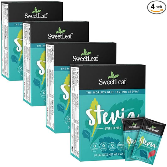 SweetLeaf Stevia Packets - Zero Calorie Natural Stevia Powder, No Bitter Aftertaste, Sugar Substitute for Keto Coffee, Nothing Artificial, Non-GMO Stevia Sweetener Packets, 70 Count (Pack of 4)