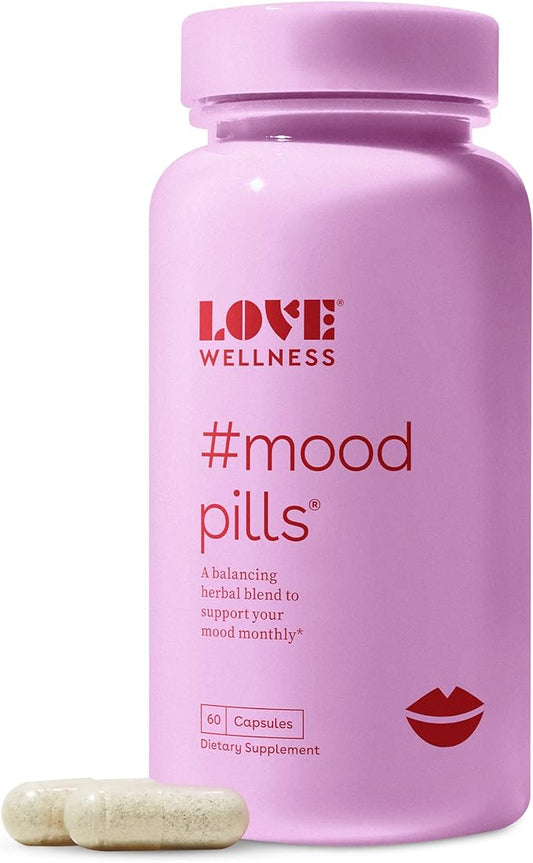 Love Wellness Mood Pill Supplement | Promotes a Happy Mood | Helps with PMS Hormones, Stress Relief, & Improves Mood | Vitamin B6, GABA, L-Theanine & Organic Ginkgo Biloba Leaf Powder | 60 Capsules