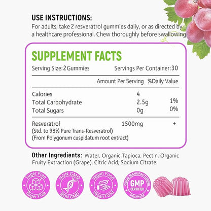 Sugar Free Resveratrol Gummies 1500mg - High Purity Resveratrol Supplement for Antioxidant, Healthy Aging, Skin, Brain, Organic - 60 Gummies