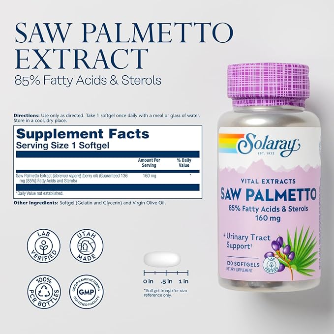 SOLARAY Saw Palmetto Extract - Prostate Health and Urinary Tract Support - 136 mg Fatty Acids and Sterols - Lab Verified, 60-Day Money-Back Guarantee (120 Servings, 120 Softgels)