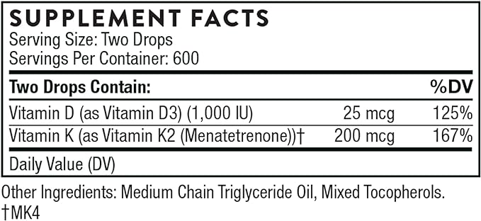 THORNE Vitamin D + K2 Liquid with a metered Dispenser - Vitamins D3 and K2 to Support Healthy Bones and Muscles* - 1 Fl Oz (30 ml) - 600 Servings