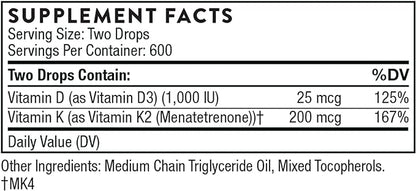 THORNE Vitamin D + K2 Liquid with a metered Dispenser - Vitamins D3 and K2 to Support Healthy Bones and Muscles* - 1 Fl Oz (30 ml) - 600 Servings