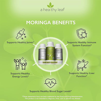 Organic Moringa Capsules - Vibrant Green | Moringa Capsules Organic | 100% Pure Moringa Leaf Capsules | Energy & Immune System Support