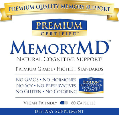 MemoryMD - 60 Capsules - Vitamin B Blend, Lion’s Mane Mushroom, Bacopa Monierri - Enhance Memory, Focus, and Learning - All Natural Supplement, Made in USA, Vegan, Non-GMO