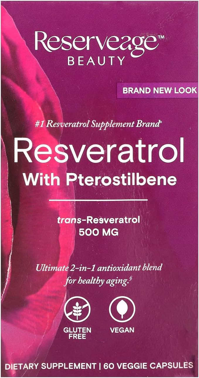 Reserveage Beauty, Resveratrol 500 mg with Pterostilbene, Antioxidant Supplement for Immune Support & Heart Health, Supports Healthy Aging, Paleo, Keto, 60 Capsules (60 Servings)