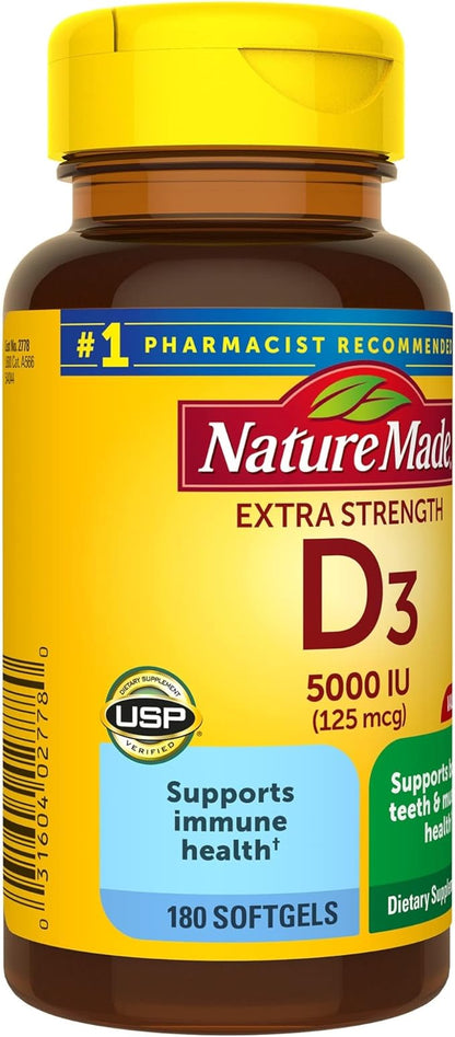 Nature Made Extra Strength Vitamin D3 5000 IU (125 mcg), Dietary Supplement for Bone, Teeth, Muscle and Immune Health Support, 180 Softgels, 180 Day Supply