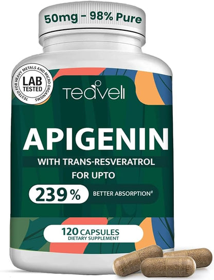 Advanced Apigenin Supplement with Resveratrol for Superior Bioavailability– 50mg Apigenin for Sleep Support Without Melatonin- Complements Magnesium Threonate, L Theanine- 120 Capsules, Vegan Friendly