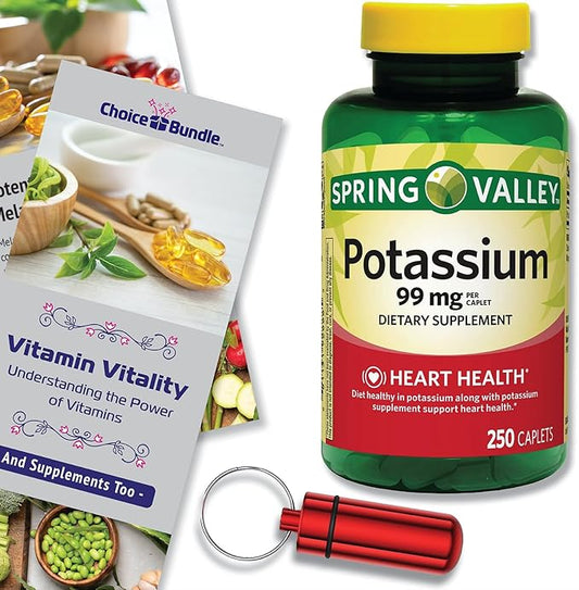 Spring Valley Potassium Heart Health Dietary Supplement Caplets 99 mg 250 CT Choice Bundle + “Vitamin Vitality” Guide & Keychain Pill Container (3 Items)!