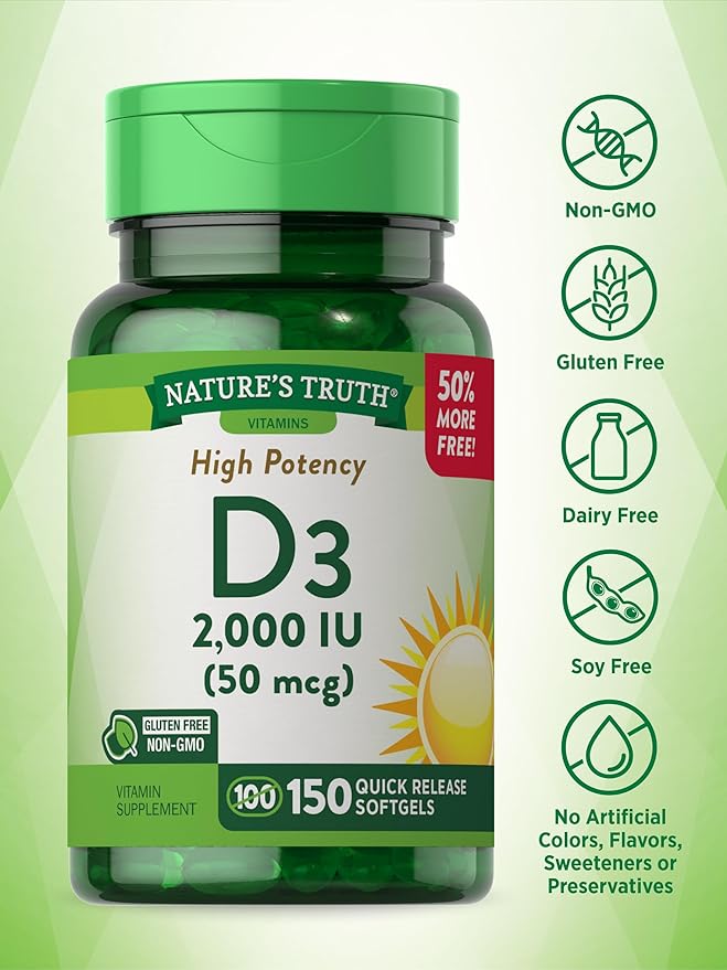 Vitamin D3 2000 IU | 150 Softgels | High Potency | Non-GMO and Gluten Free Supplement | by Nature's Truth