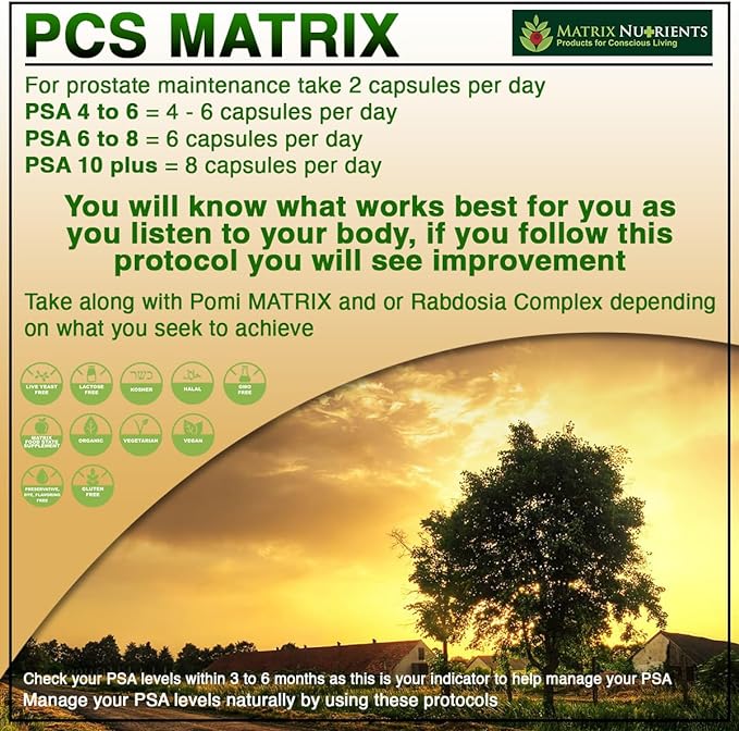 PCS Matrix - Lower PSA Levels - See Our LAB Results! - 100% Natural Ingredients: Saw Palmetto, Rabdosia, Scute, Plantago Focium, Chrysantaomum, Ganoderma, Lotus Seed - Vegan Capsules (60ct)