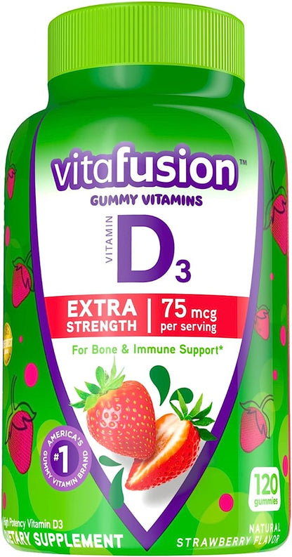 Vitafusion Extra Strength Vitamin D3 Gummy Strawberry Flavored Bone & Immune Support (120 Count) + Cranberry Gummies for Women Urinary Health Support (60 Count)