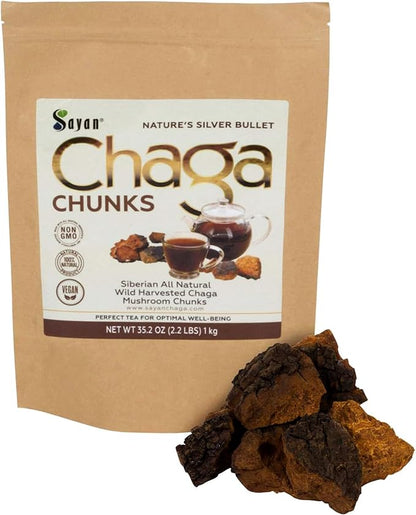 Sayan Siberian Pure Raw Chaga Mushroom Chunks with Black Top Crust 2.2 Lb / 1 kg – Premium Wild Forest Harvested Super Antioxidant Tea, Supports Immune System and Digestive Health