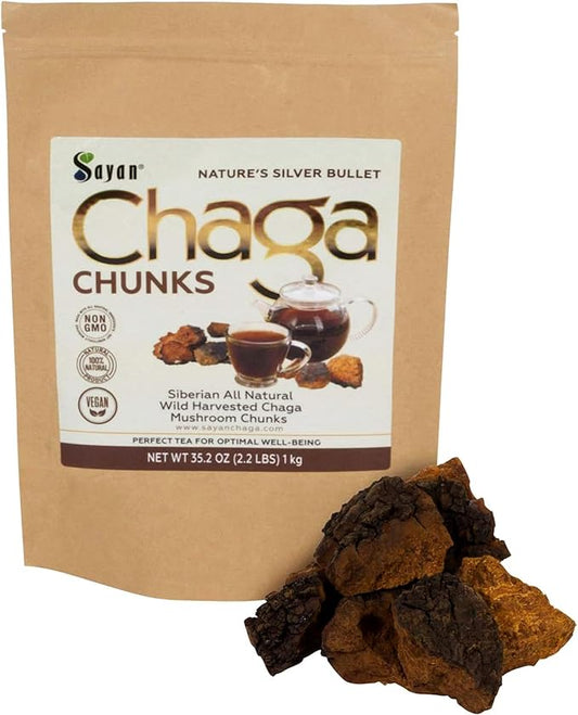 Sayan Siberian Pure Raw Chaga Mushroom Chunks with Black Top Crust 2.2 Lb / 1 kg – Premium Wild Forest Harvested Super Antioxidant Tea, Supports Immune System and Digestive Health