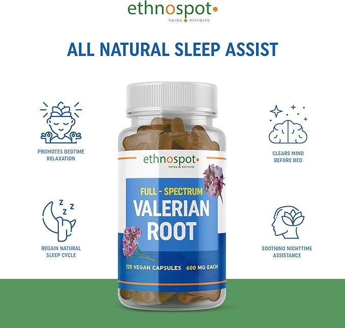 Full Spectrum Valerian Root Capsules - Assists in Sustained & Natural Nighttime Sleep - All Natural Valerian Root Extract Blend - Enhanced Alkaloid Profile - All Natural - 125 Vegan Capsules