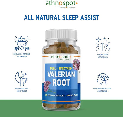 Full Spectrum Valerian Root Capsules - Assists in Sustained & Natural Nighttime Sleep - All Natural Valerian Root Extract Blend - Enhanced Alkaloid Profile - All Natural - 125 Vegan Capsules