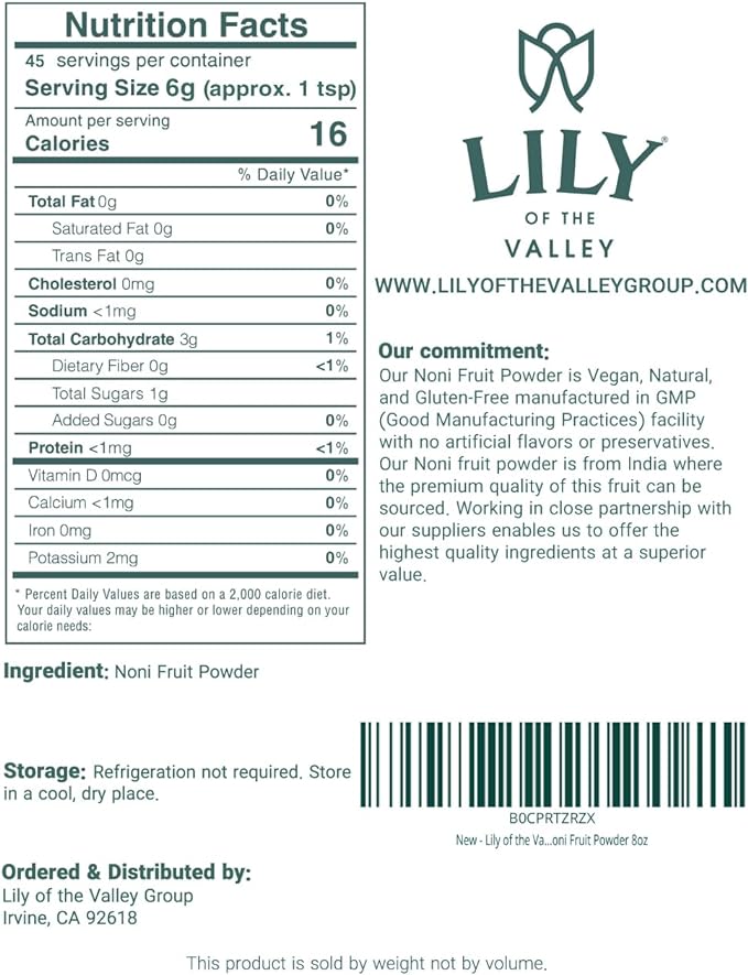 Lily of the Valley Noni Fruit Powder - Morinda Citrifolia - Superfood Indian Mulberry - Great for Smoothies and Recipes - Vegan & Gluten-Free - Resealable Pouch (8oz, 226g)- Package May Vary